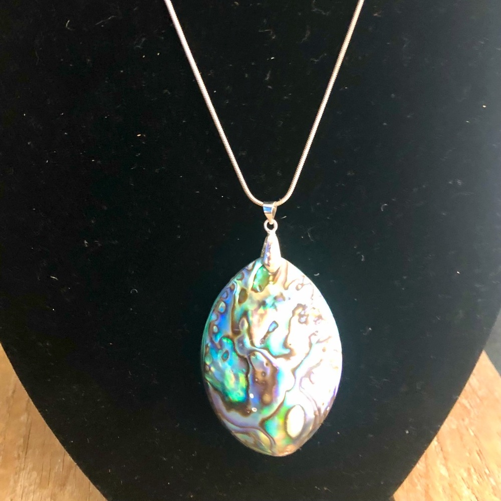 Stunning Large Abalone Pendant Necklace with 24” Sterling Silver Chain - NWT